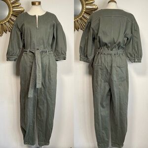 French Connection Army Green Puff Sleeve Jumpsuit